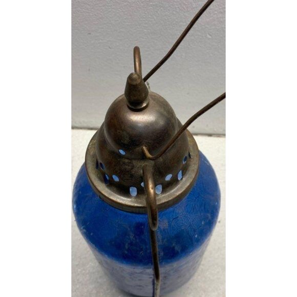 Vintage Blue Glass Courters Lantern With Metal Frame And Handle - Picture 5 of 5